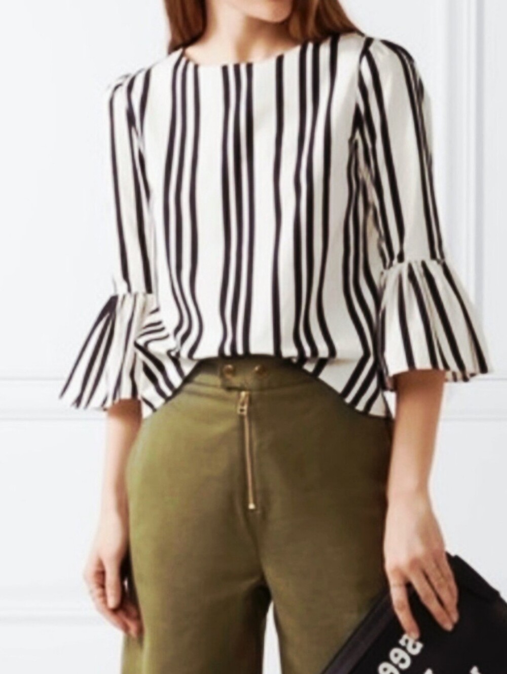 Alice + Olivia Bernice Black & White Crew Striped Ruffle Top